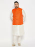 Vastramay Men's Plus Size Orange Matka Silk Nehru Jacket With Cream Silk Blend Kurta and Pant style Pyjama Set